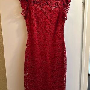 Enfocus Studio Red Lace Midi Dress with Lace Cap Sleeves